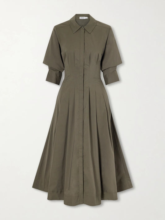 Image of Dresses. Product name - Jazz Pintucked Cotton-blend Poplin Midi Shirt Dress in Army green colour by brand - SIMKHAI