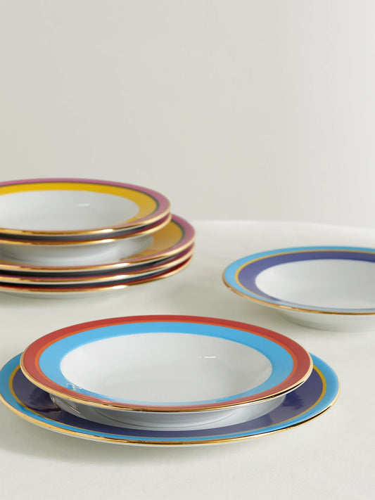 Set Of Four Gold-plated Porcelain Soup Bowls And Dinner Plates