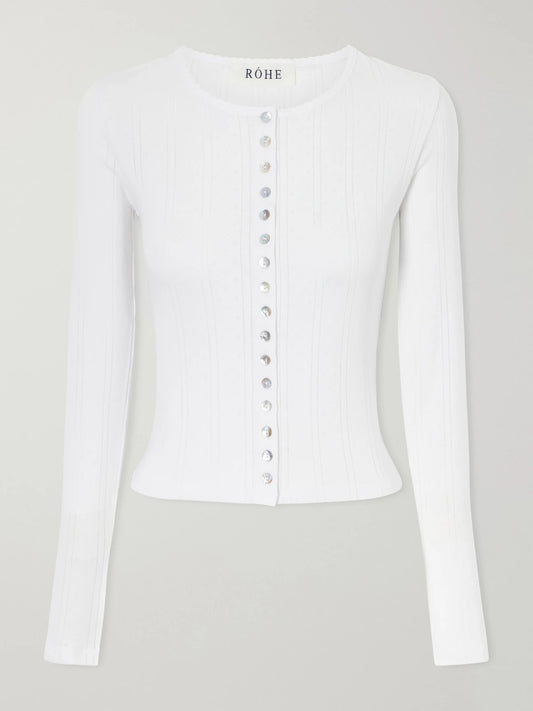 Image of a model wearing Tops. Product name - Pointelle-knit Cotton-jersey Cardigan in White colour by brand - RÓHE