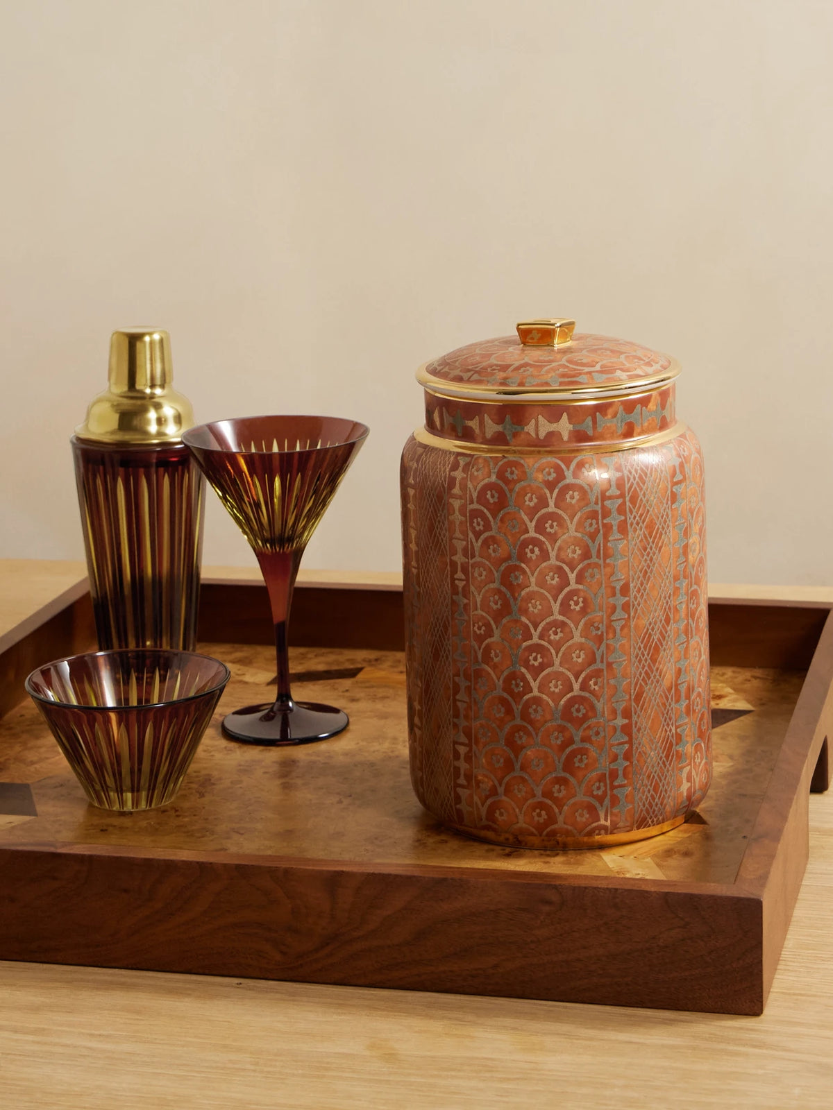 Image of Decor. Product name - Ashanti Large Gold-plated Earthenware Canister in Red colour by brand - L'Objet