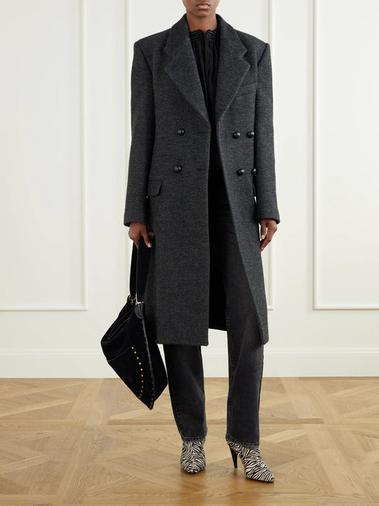 Image of Coats & Jackets. Product name - Erla Double-breasted Wool And Cotton-blend Coat in Anthracite colour by brand - ISABEL MARANT