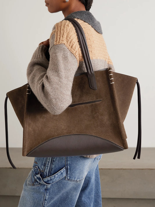 Image of Bags. Product name - Loafer Cabas Tasseled Leather-trimmed Suede Shoulder Bag in Brown colour by brand - JW Anderson