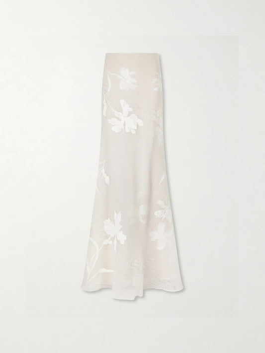 Image of a model wearing Skirts. Product name - Dean Floral-embroidered Silk-blend Organza Maxi Skirt in Off-white colour by brand - Danielle Frankel
