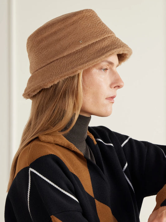 Image of Hats. Product name - Fiducia Teddy Camel-hair Bucket Hat in Multi colour by brand - Max Mara