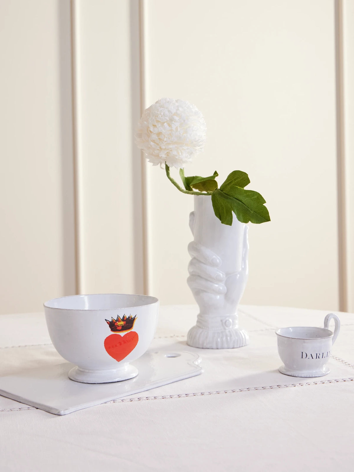 Image of Tableware. Product name - + John Derian Crowned Heart Ceramic Bowl in White colour by brand - Astier De Villatte