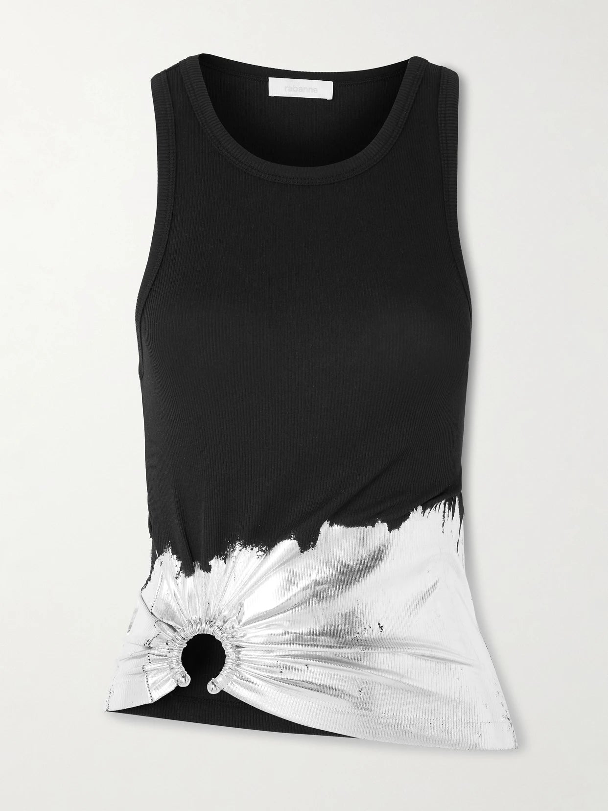 Image of a model wearing Tops. Product name - Embellished Metallic Ribbed Cotton-blend Jersey Tank in Black colour by brand - RABANNE