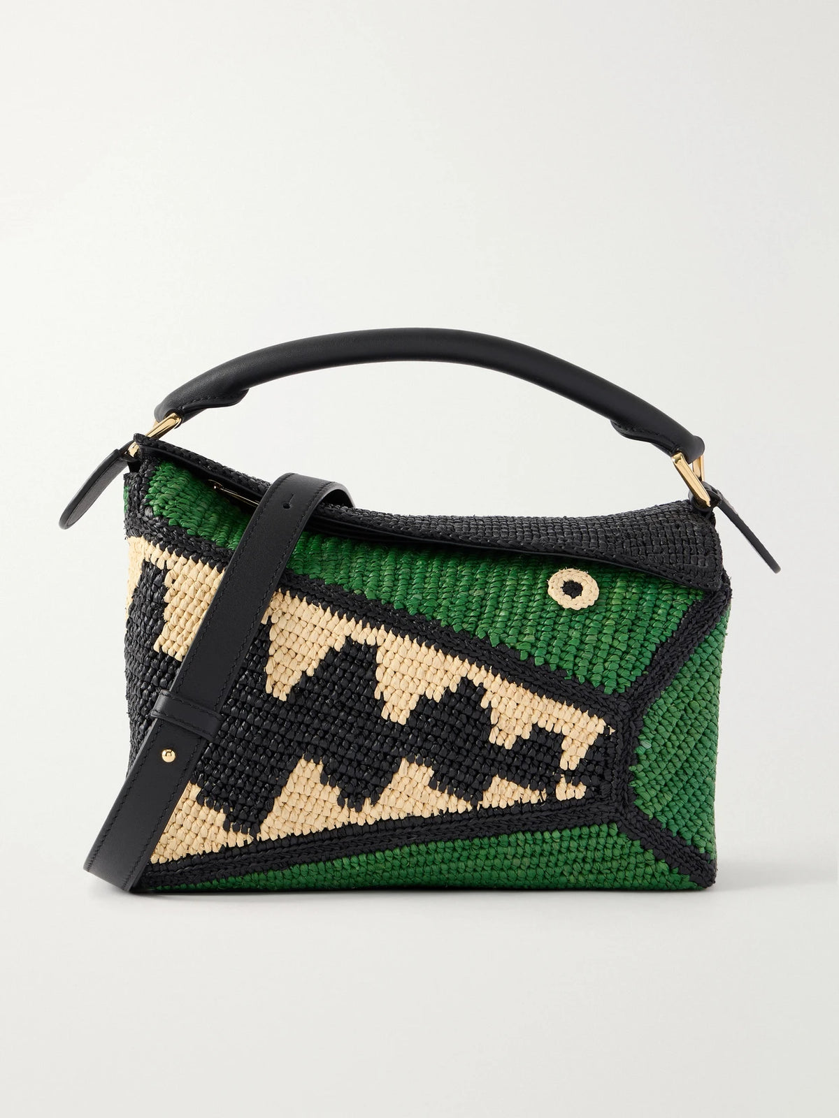 + Paula's Ibiza Puzzle Edge Crocodile Leather-trimmed Raffia Shoulder Bag