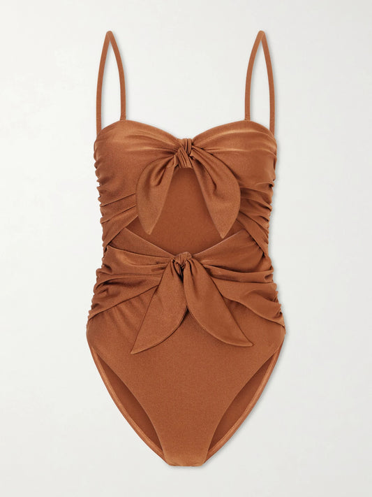 Image of Swimwear. Product name - Aster Knot-detailed Gathered Swimsuit in Brown colour by brand - Zimmermann