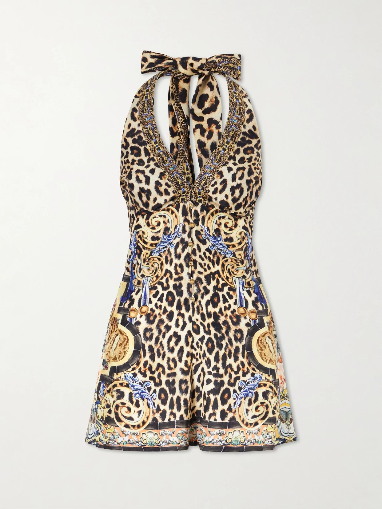Embellished Printed Silk Halterneck Playsuit