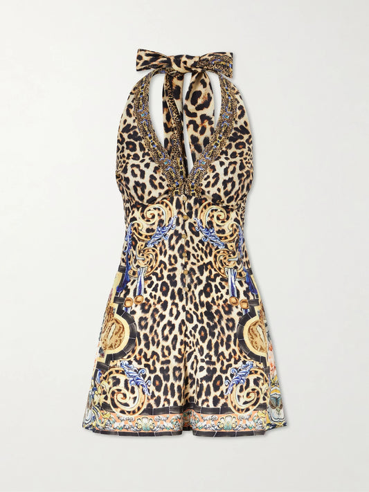 Embellished Printed Silk Halterneck Playsuit