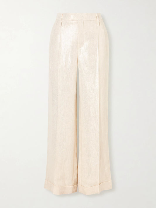 Image of a model wearing Pants. Product name - Metallic Linen Wide-leg Pants in White colour by brand - Brunello Cucinelli