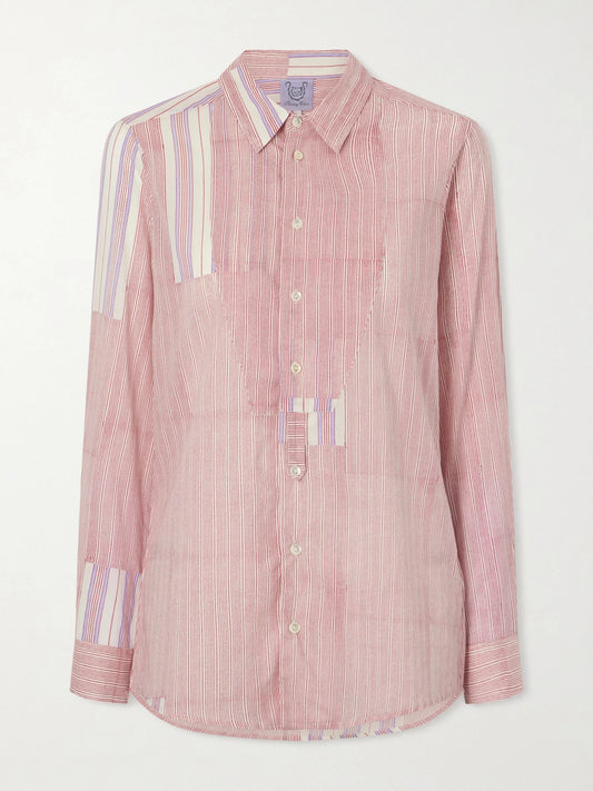 Image of a model wearing Tops. Product name - Baptiste Striped Cotton-voile Shirt in Pink colour by brand - Thierry Colson