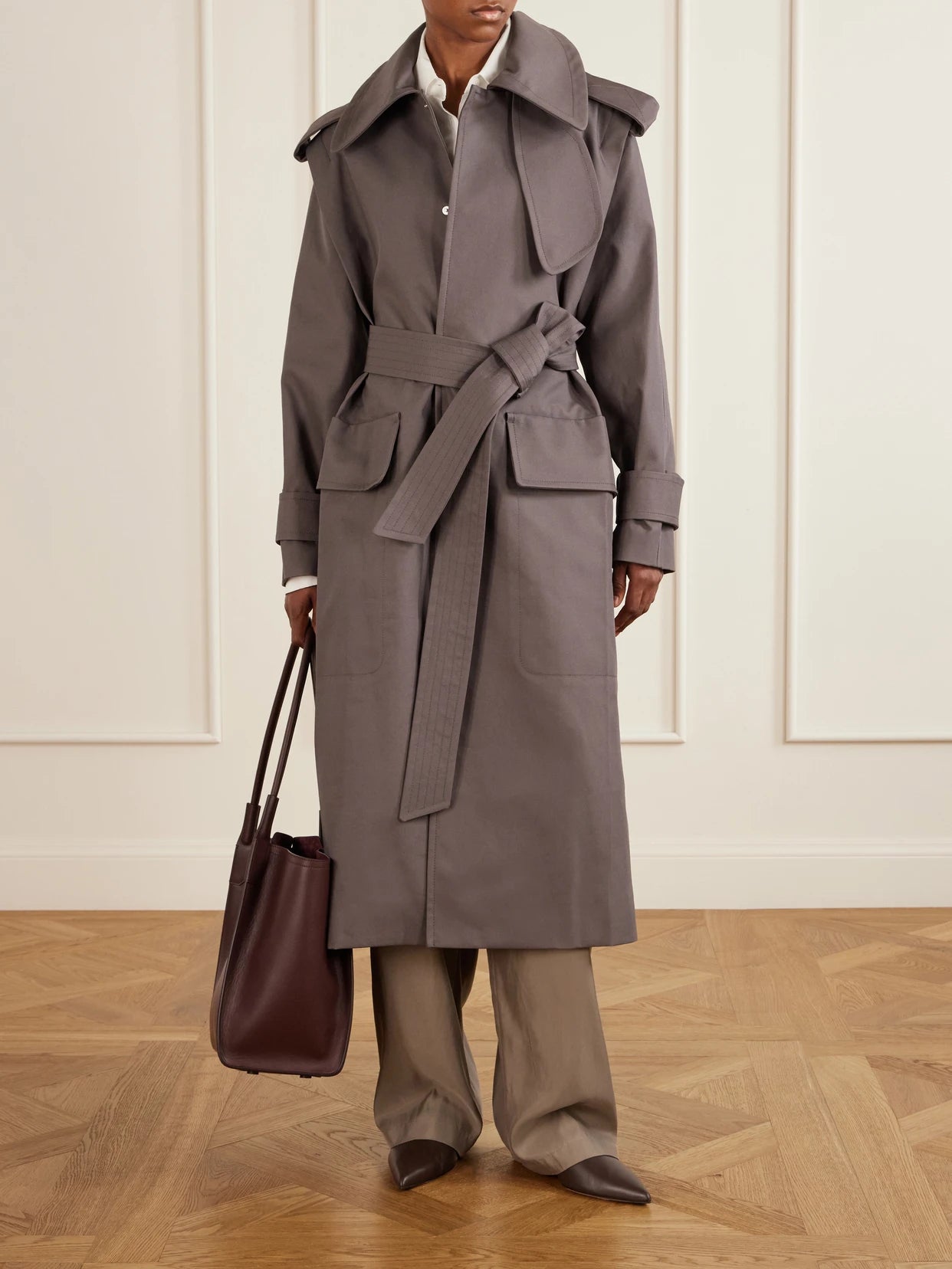 Image of Coats & Jackets. Product name - Philippa Belted Cotton Trench Coat in Taupe colour by brand - Victoria Beckham