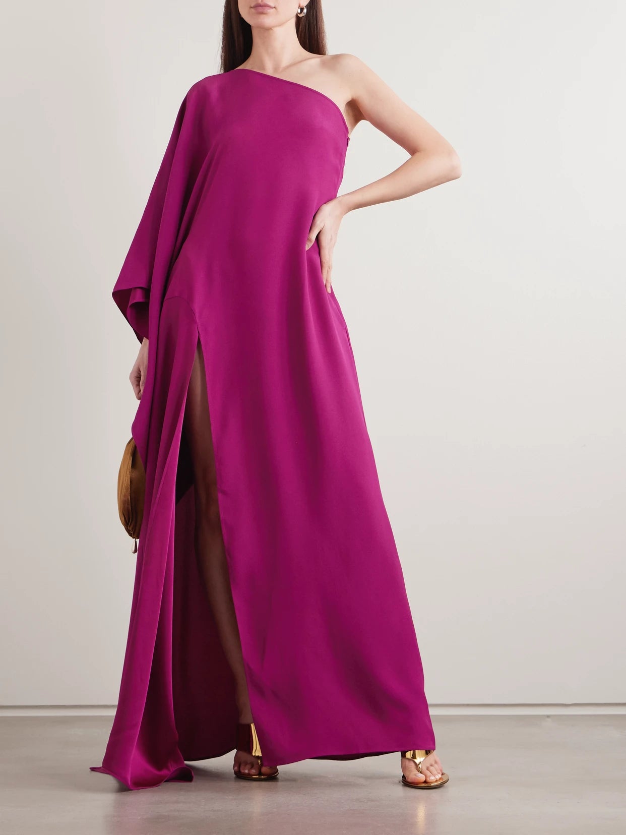 Image of Dresses. Product name - Paloma Scarf-detailed One-shoulder Satin-crepe Maxi Dress in Purple colour by brand - Taller Marmo
