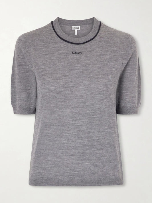 Image of a model wearing Tops. Product name - Piped Wool T-shirt in Gray colour by brand - LOEWE
