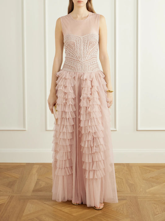 Image of Dresses. Product name - Orla Crochet-knit And Tulle Gown in Brown colour by brand - Ulla Johnson