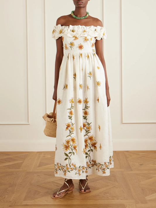 Image of Dresses. Product name - Espliegov Linen-floral Maxi Dress in Multi colour by brand - Agua by Agua Bendita