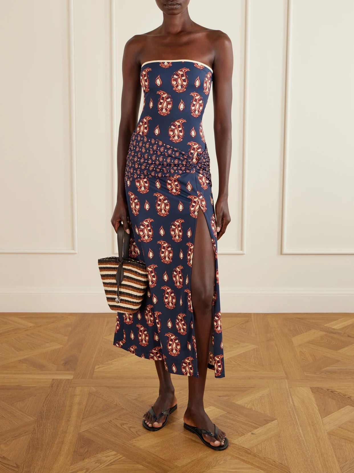 Image of Swimwear. Product name - Under The Sun Cutout Ruched Printed Stretch-jersey Skirt in Navy colour by brand - Johanna Ortiz
