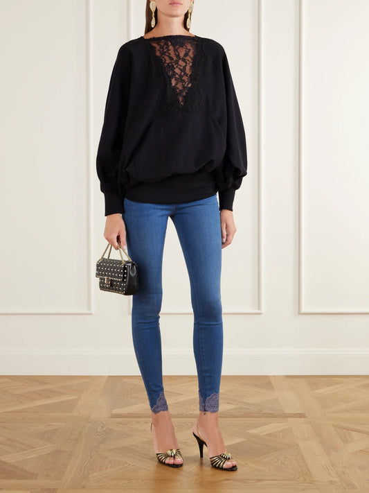 Image of Jeans. Product name - Lace-trimmed High-rise Skinny-leg Jeans in Mid denim colour by brand - Valentino Garavani