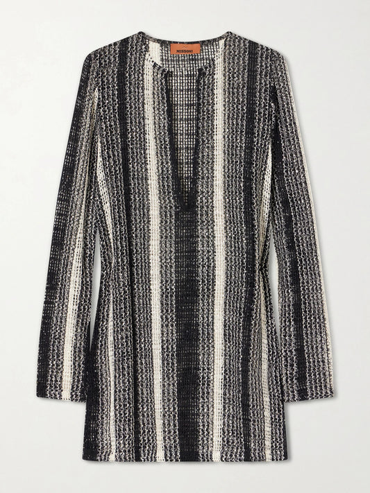Image of Dresses. Product name - Striped Metallic Sequin-embellished Crochet-knit Dress in Black colour by brand - Missoni