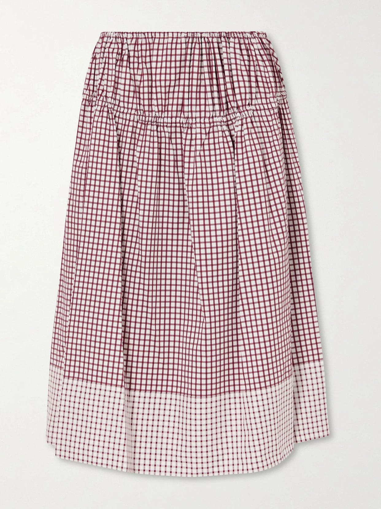 Image of a model wearing Skirts. Product name - Eve Tiered Checked Cotton Midi Skirt in Burgundy colour by brand - LIBEROWE