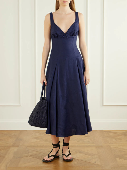 Image of Dresses. Product name - Bow-detailed Linen Midi Dress in Navy colour by brand - Faithfull