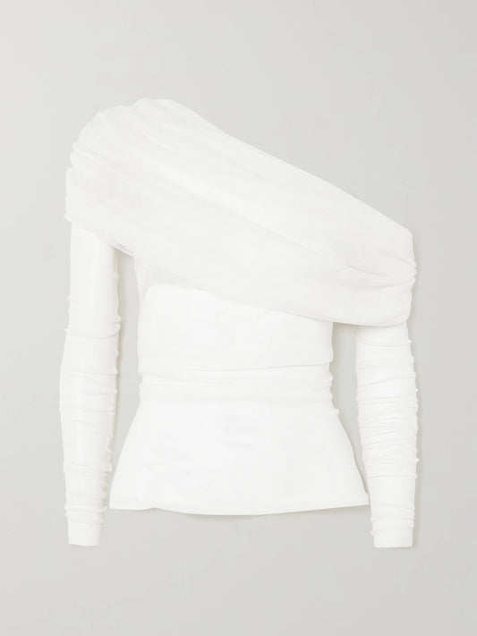 Image of a model wearing Tops. Product name - Off-the-shoulder Gathered Silk-tulle Top in White colour by brand - Christopher Esber