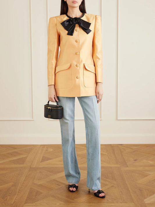 Image of Coats & Jackets. Product name - Bow-detailed Silk Shantung Jacket in Orange colour by brand - Valentino Garavani