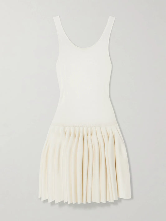 Image of Dresses. Product name - Pleated Jersey And Stretch-knit Mini Dress in Ivory colour by brand - Alaïa