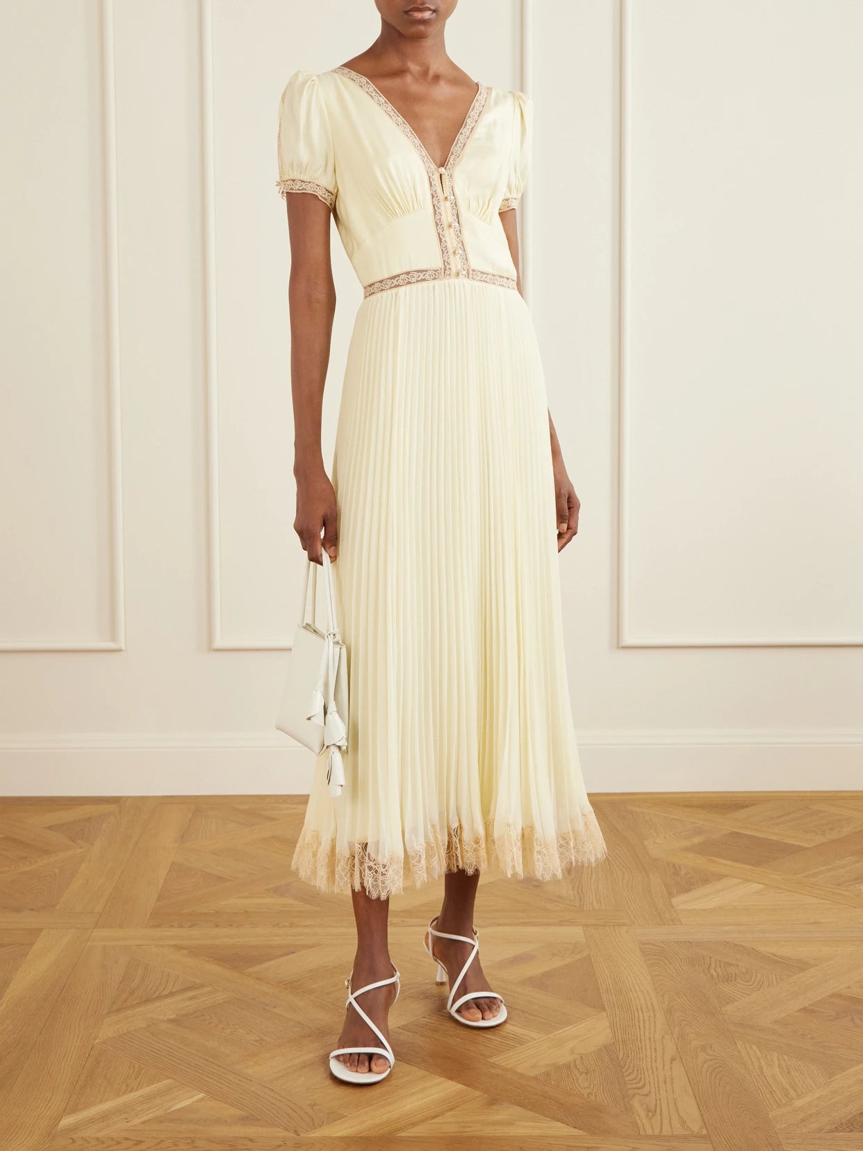 Image of Dresses. Product name - Lace-trimmed Pleated Crepe Midi Dress in Yellow colour by brand - Self-Portrait