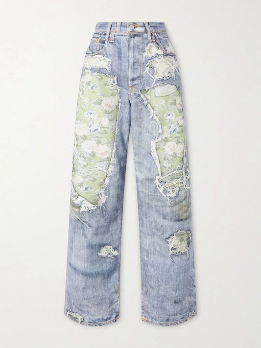 Image of Jeans. Product name - 1981 Denim Rose Printed Cotton Mid-rise Wide-leg Jeans in Blue colour by brand - Acne Studios