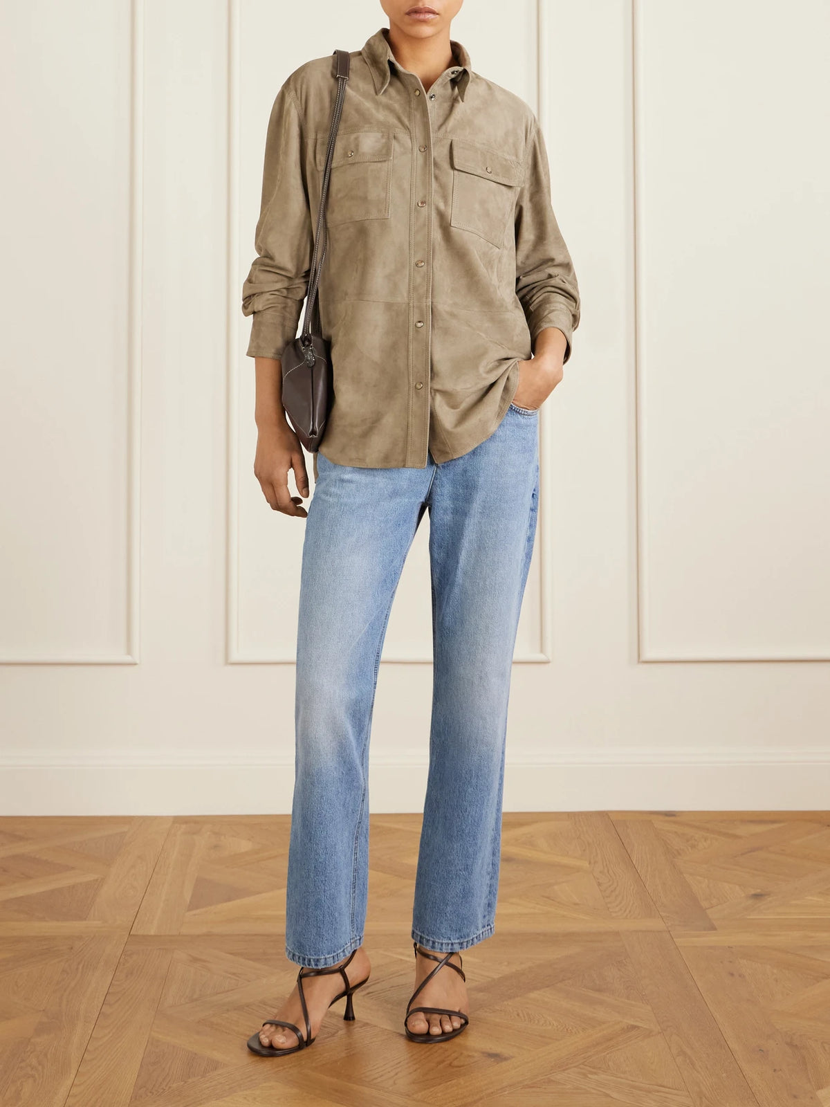 Image of Bags. Product name - Embellished Leather Shoulder Bag in Dark brown colour by brand - Brunello Cucinelli