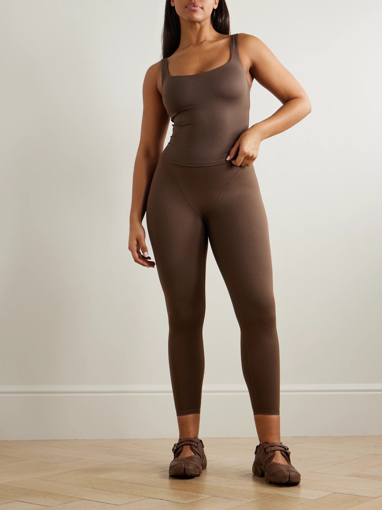 Image of Sleepwear & Loungewear. Product name - + Nike Square Neck Tank - Dark Sepia in Brown colour by brand - SKIMS