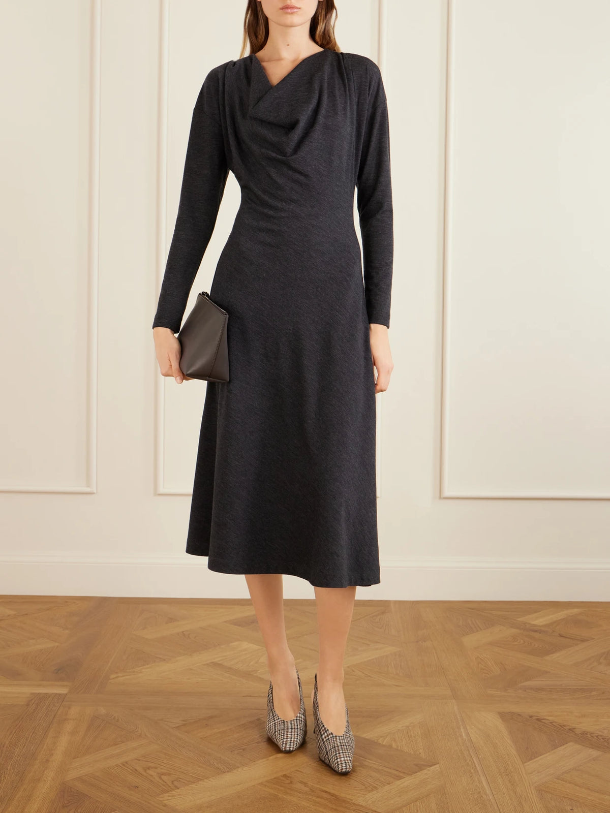 Image of Dresses. Product name - Draped Wool-blend Jersey Dress in Dark gray colour by brand - Brunello Cucinelli