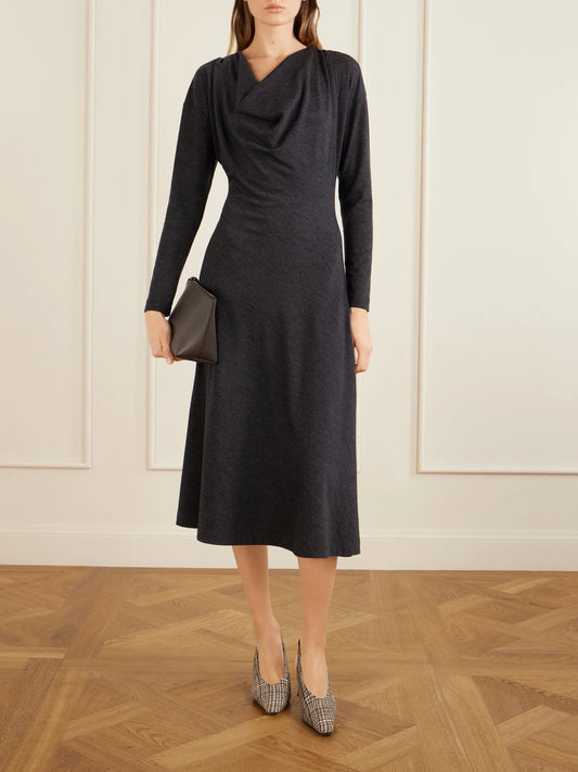Image of Dresses. Product name - Draped Wool-blend Jersey Dress in Dark gray colour by brand - Brunello Cucinelli
