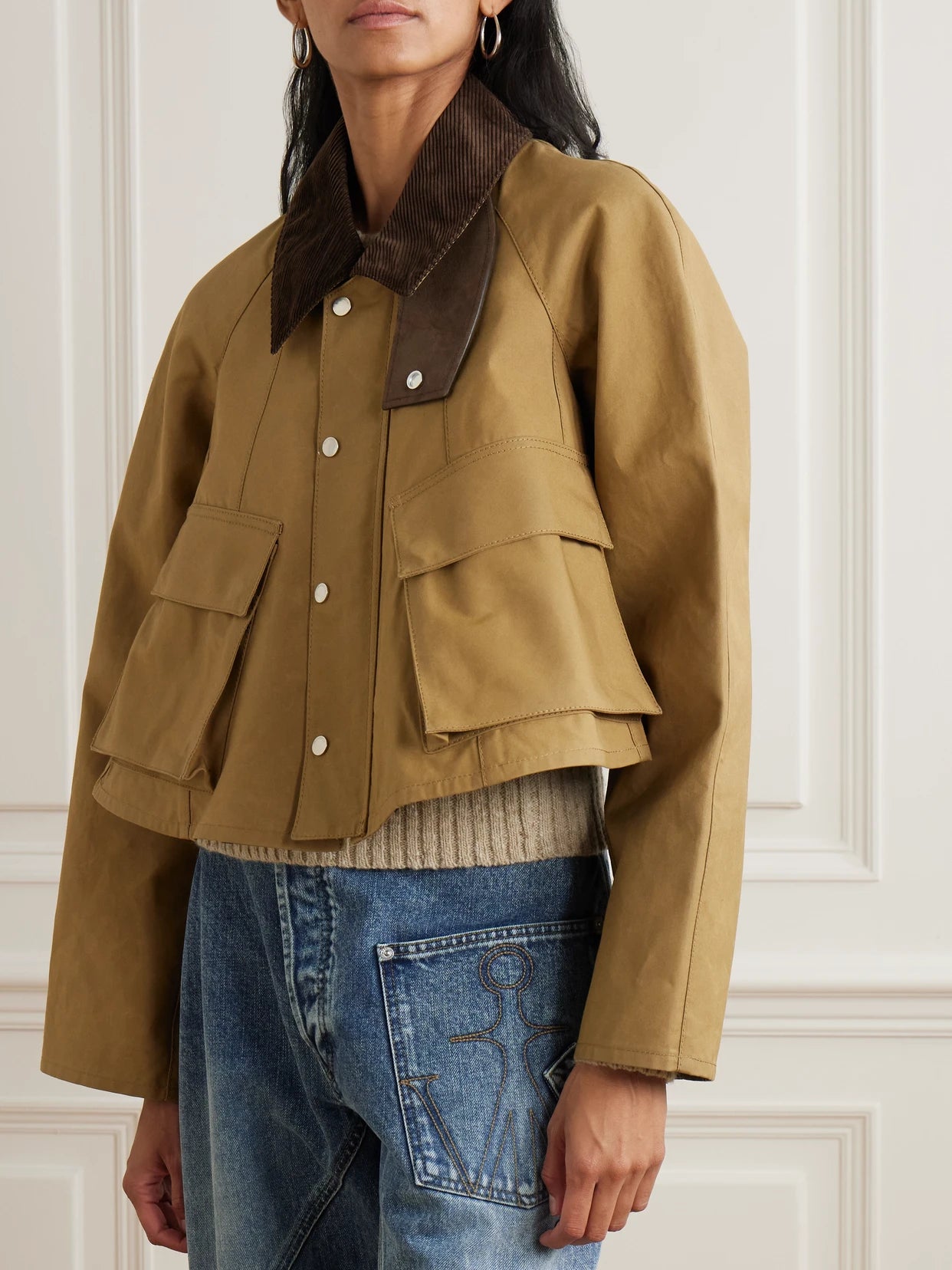 Cropped Corduroy-trimmed Waxed-cotton Jacket