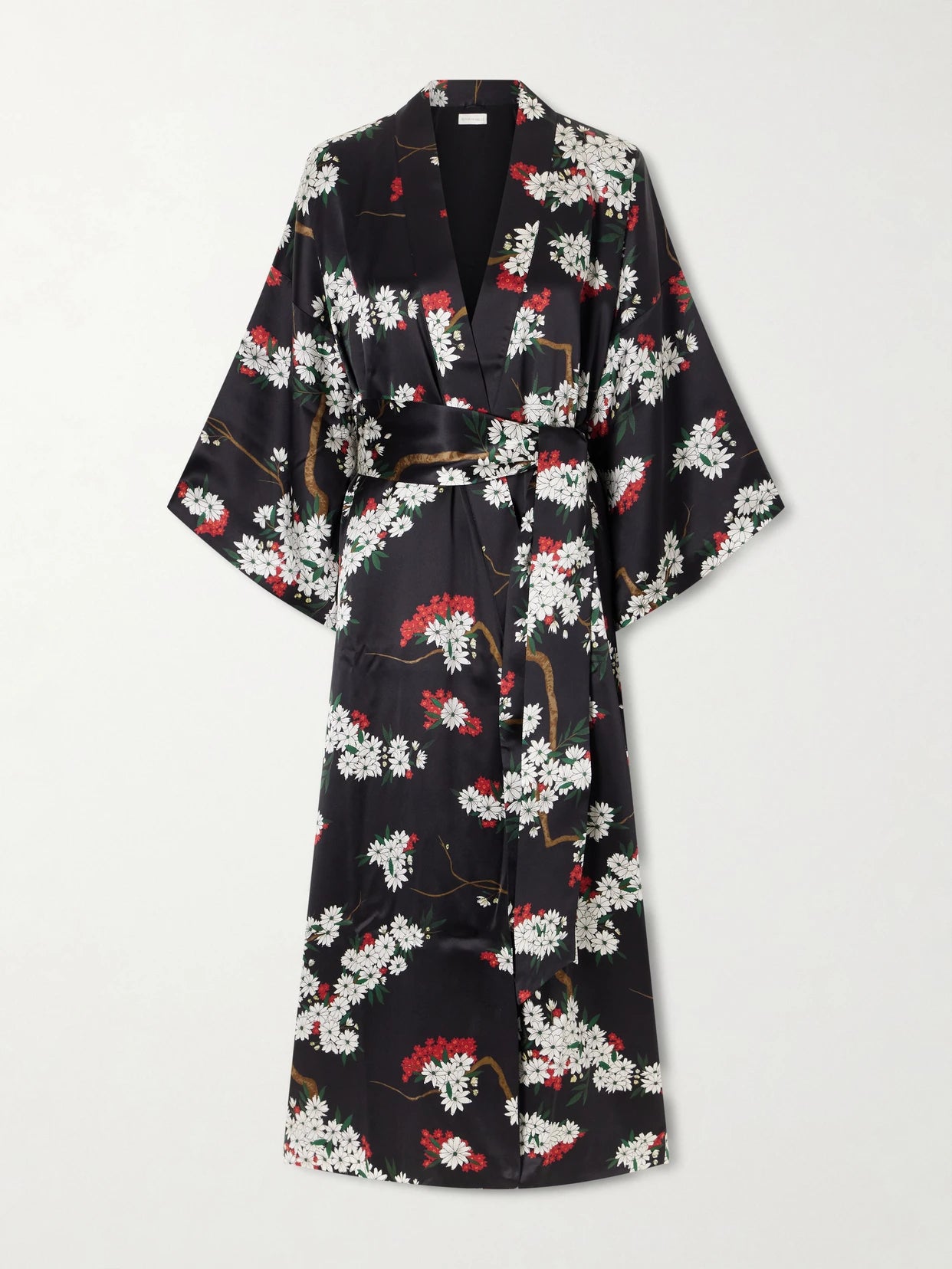 Image of Lingerie. Product name - Queenie Belted Floral-printed Silk-satin Robe in Black colour by brand - Olivia von Halle