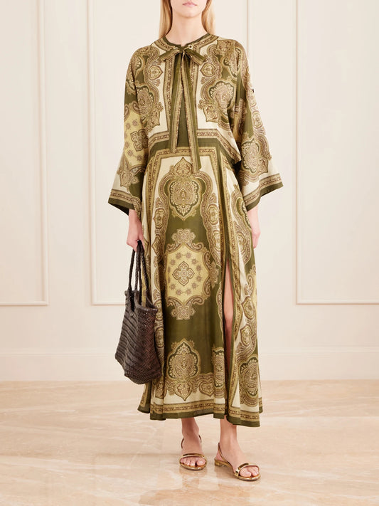 Image of Dresses. Product name - Mahon Printed Silk-satin Midi Dress in Green colour by brand - Zimmermann
