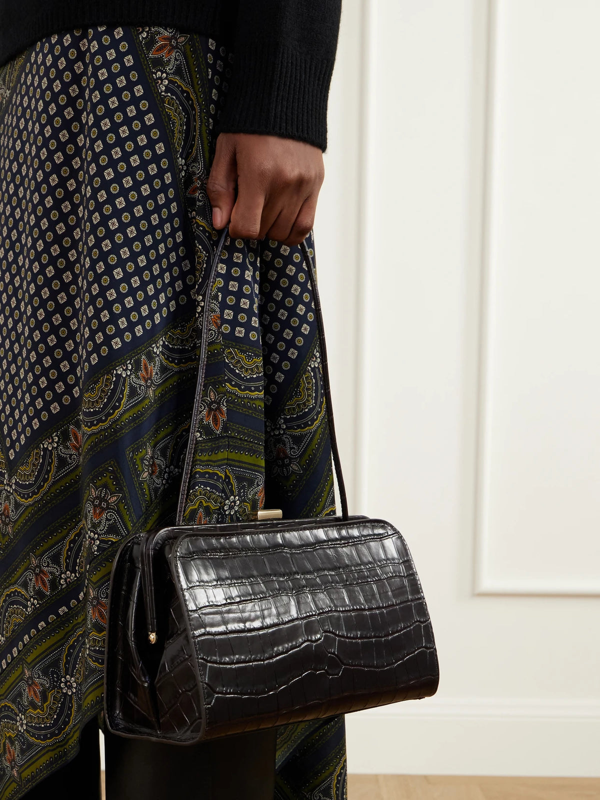 Image of Bags. Product name - Zella Croc-effect Leather Clutch in Dark brown colour by brand - Loeffler Randall