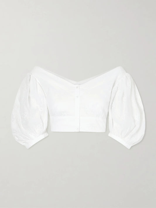 Image of Blouses. Product name - Clara Embroidered Cotton-voile Blouse in Off-white colour by brand - Thierry Colson