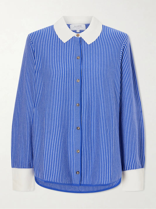 Image of a model wearing Tops. Product name - Striped Cotton-blend Knit Shirt in Cobalt blue colour by brand - La Ligne