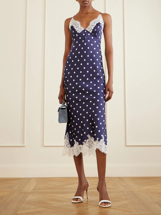 Image of Dresses. Product name - Lace-trimmed Polka-dot Satin Midi Dress in Navy colour by brand - Self-Portrait
