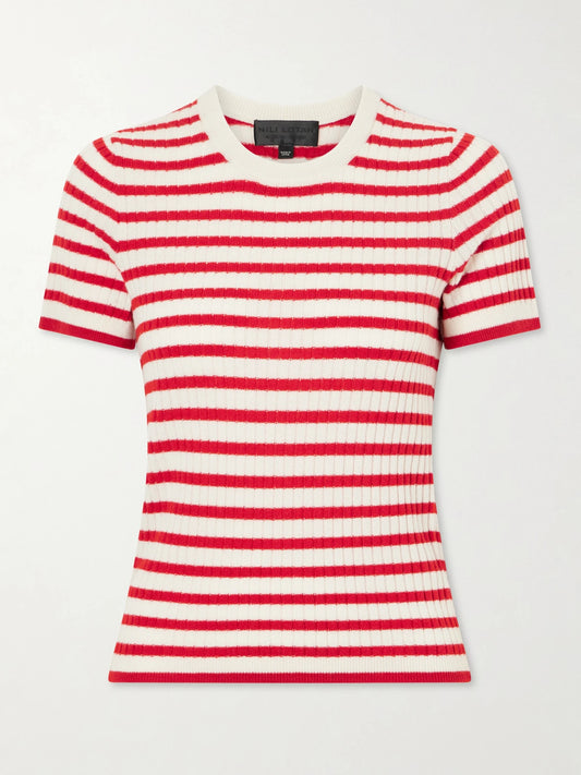 Image of a model wearing Tops. Product name - Alita Striped Cashmere T-shirt in Red colour by brand - Nili Lotan