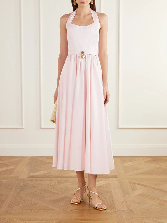 Image of Dresses. Product name - Embellished Gathered Cotton-poplin Halterneck Midi Dress in Pink colour by brand - Oscar de la Renta