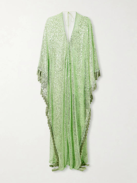 Image of Dresses. Product name - Sequined Fringed Gown in Green colour by brand - Taller Marmo