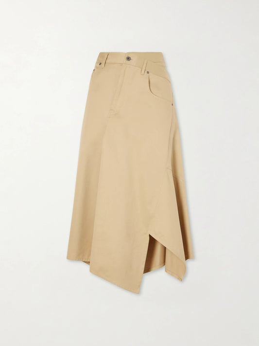 Image of a model wearing Skirts. Product name - Asymmetrical Cotton-gabardine Midi Skirt in Beige colour by brand - LOEWE