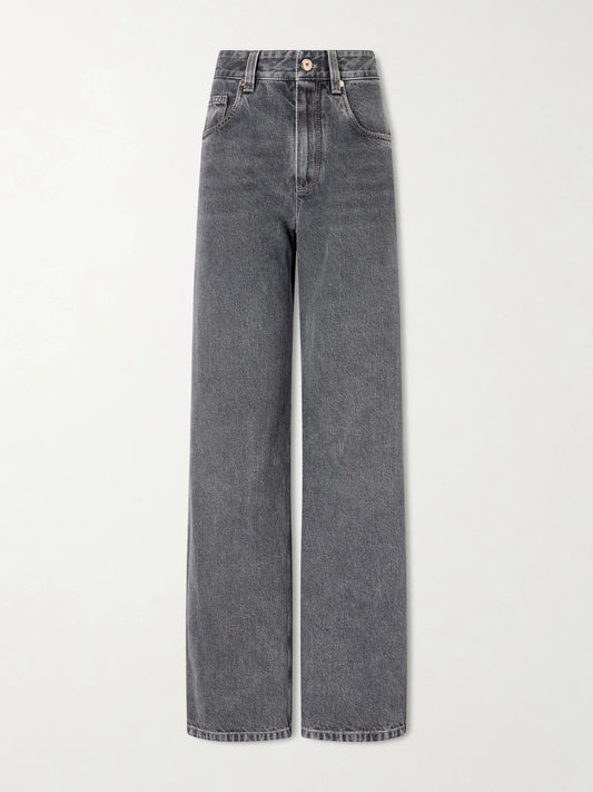 Image of Jeans. Product name - Cotton Mid-rise Wide-leg Jeans in Dark gray colour by brand - Brunello Cucinelli