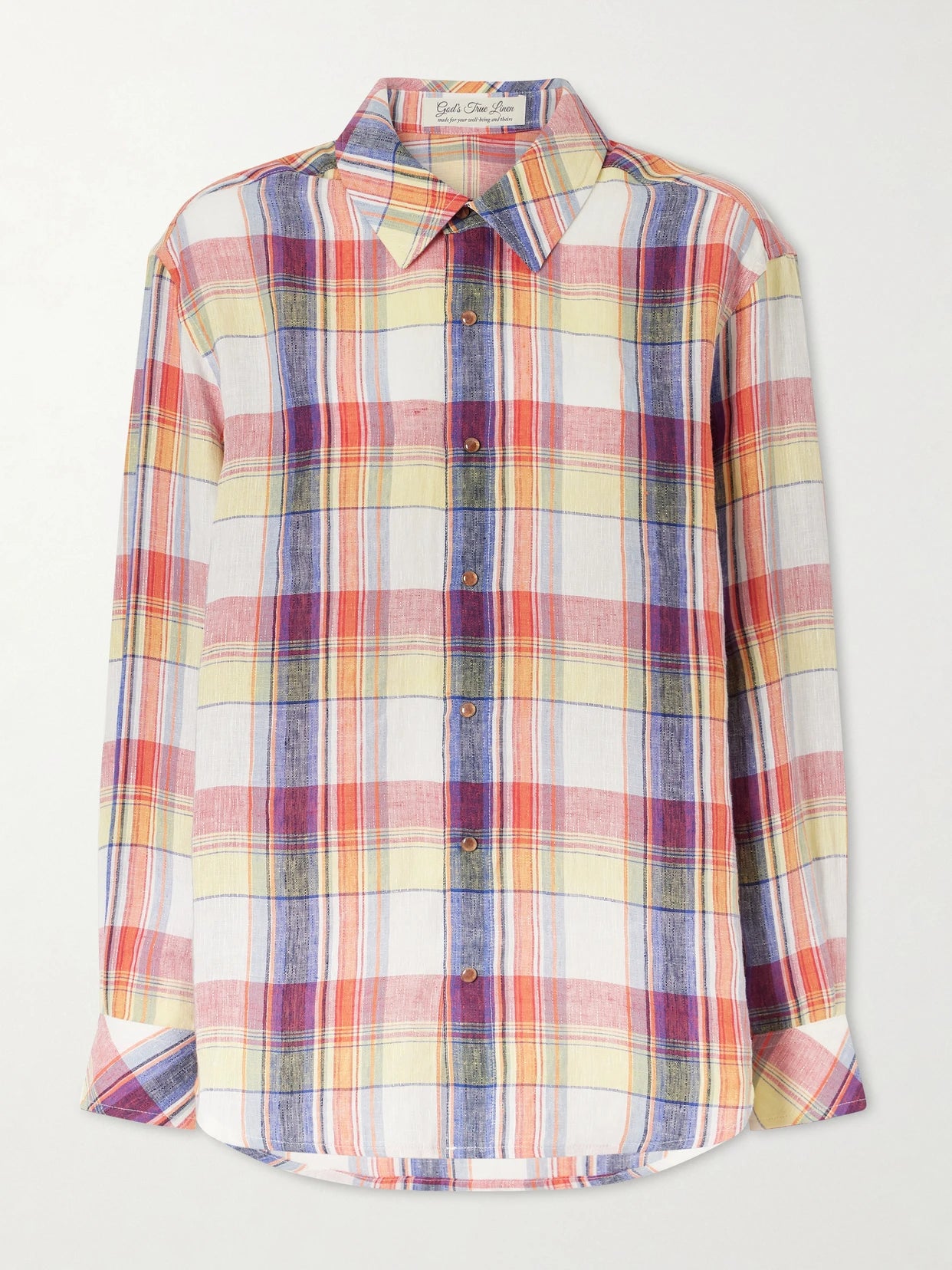 Image of a model wearing Tops. Product name - Daybreak Checked Linen Shirt in Red colour by brand - God's True Cashmere