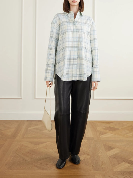 Image of a model wearing Tops. Product name - Checked Cotton-flannel Shirt in Beige colour by brand - RÓHE