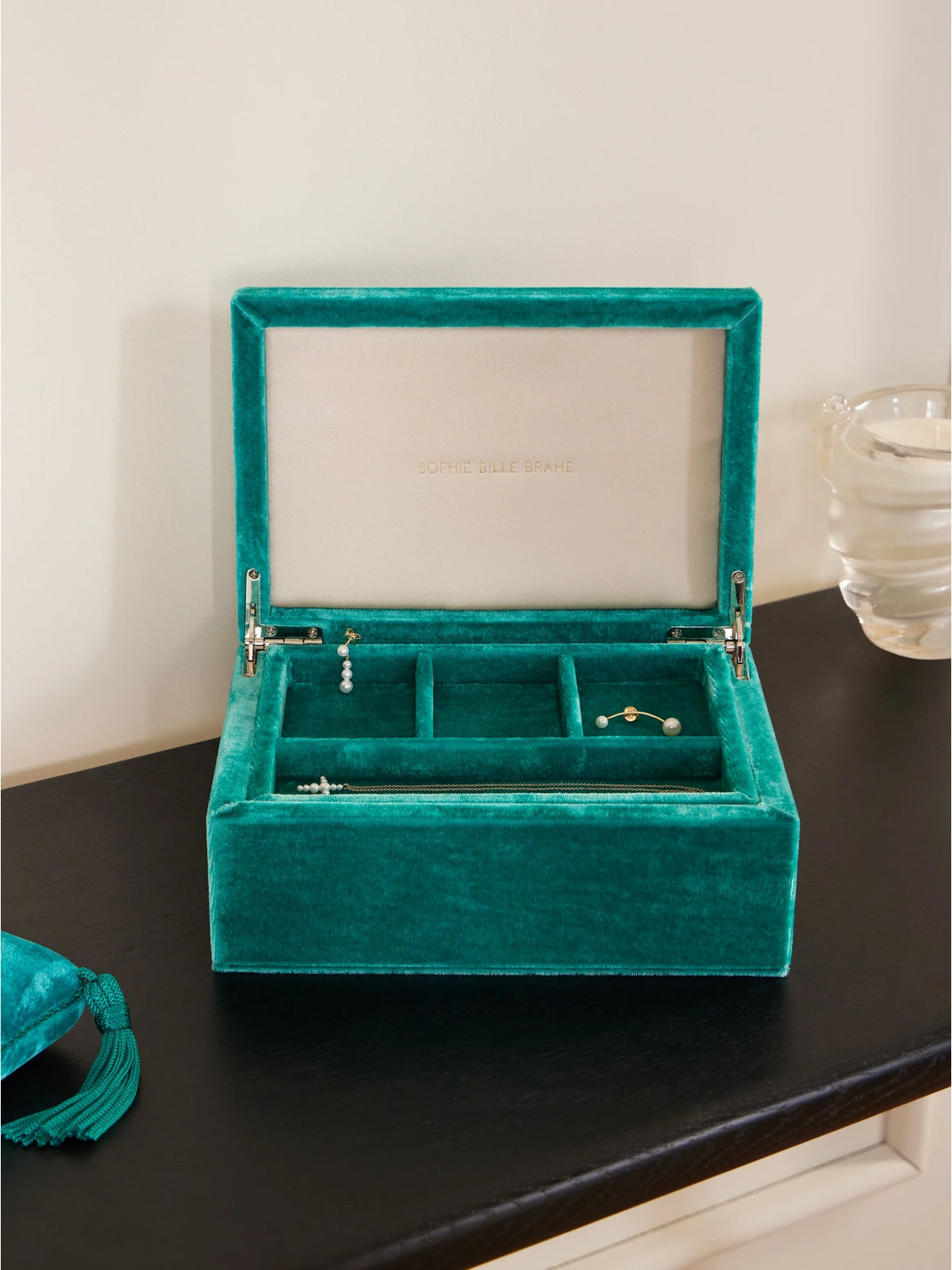 Image of Decor. Product name - Velvet Jewelry Box in Green colour by brand - Sophie Bille Brahe